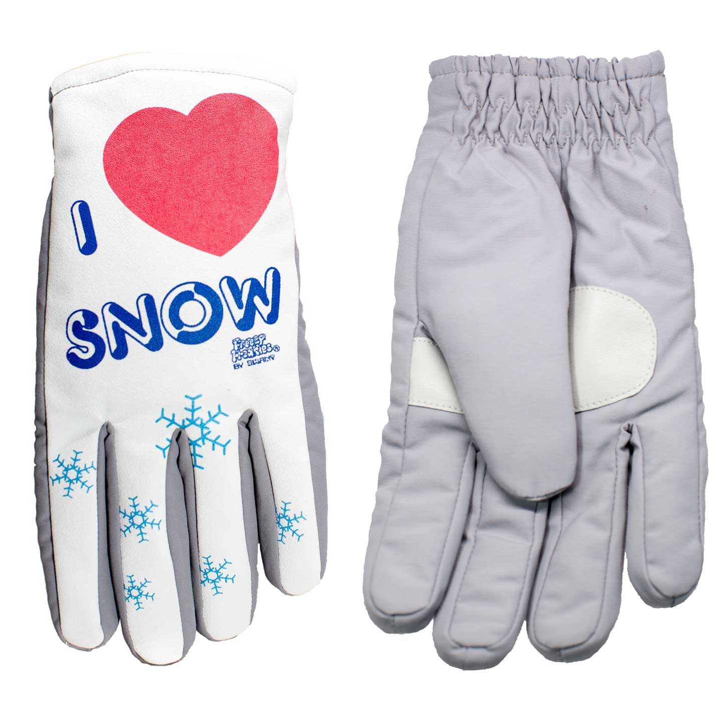 I Love Snow Freezy Freakies gloves in gray fabric showing front and back