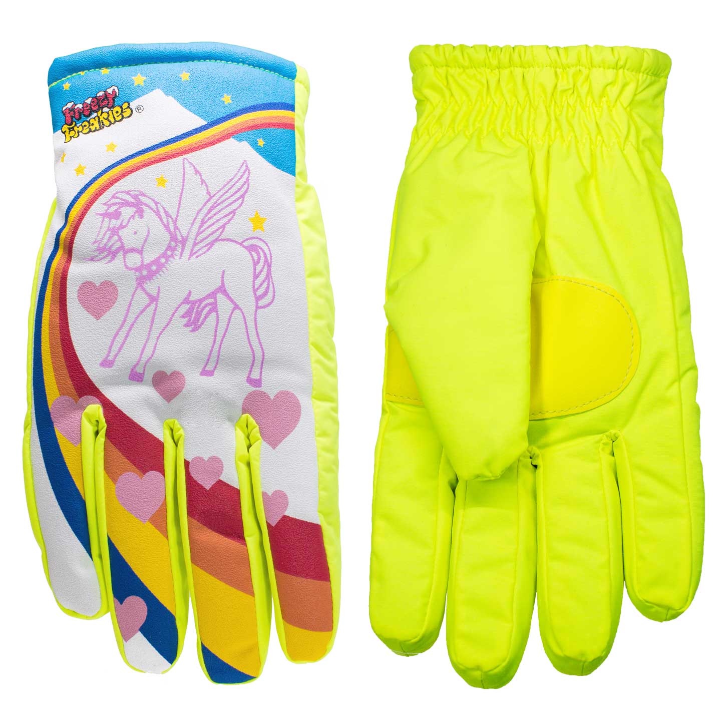 Unicorn gloves front and back, by Freezy Freakies