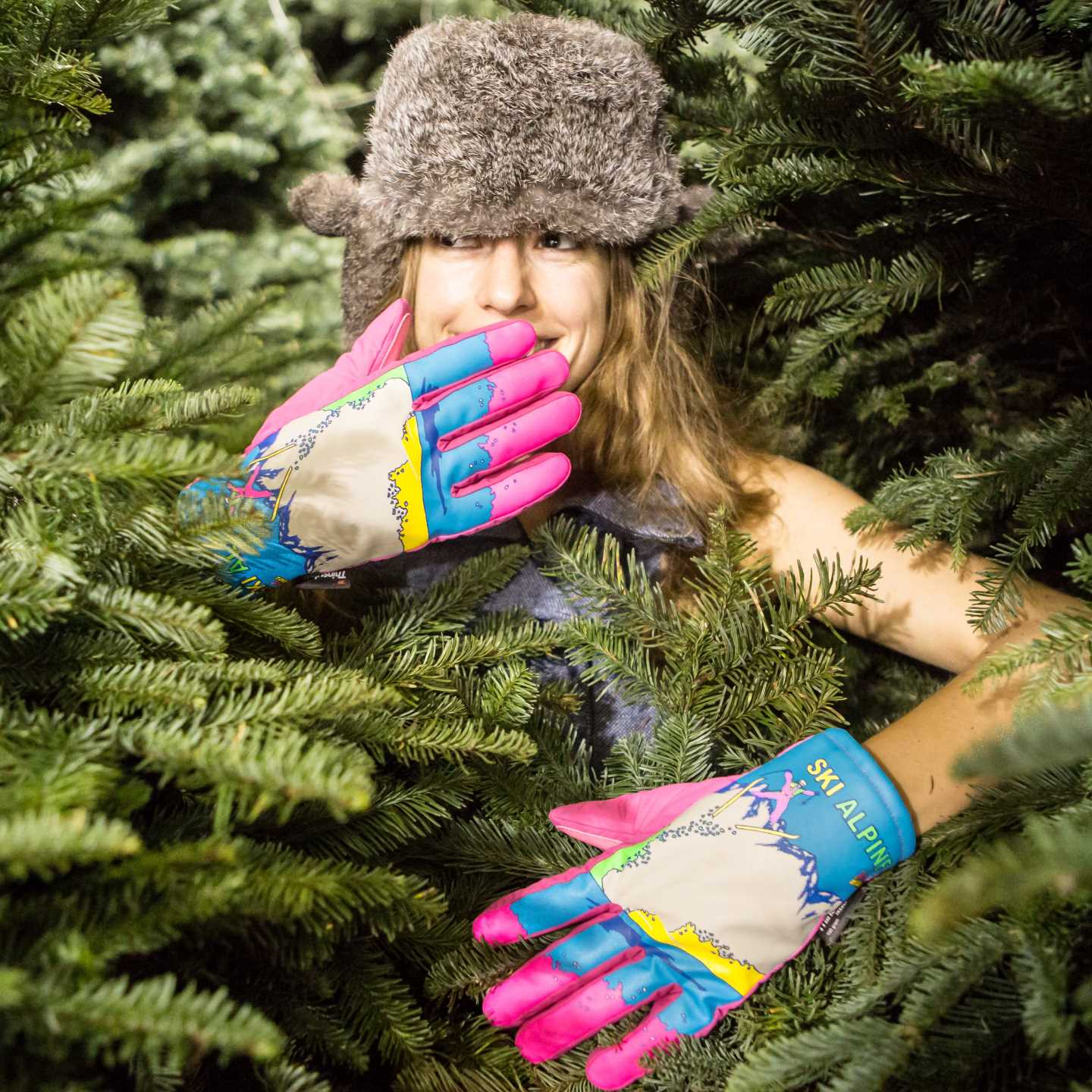 lady in the trees with Ski Alpine Freezy Freakies