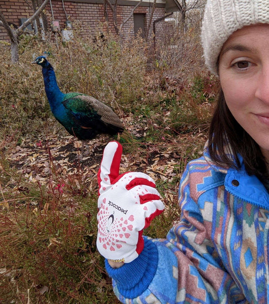 Lady with peacock Freezy Freakies gloves and a real actual peacock