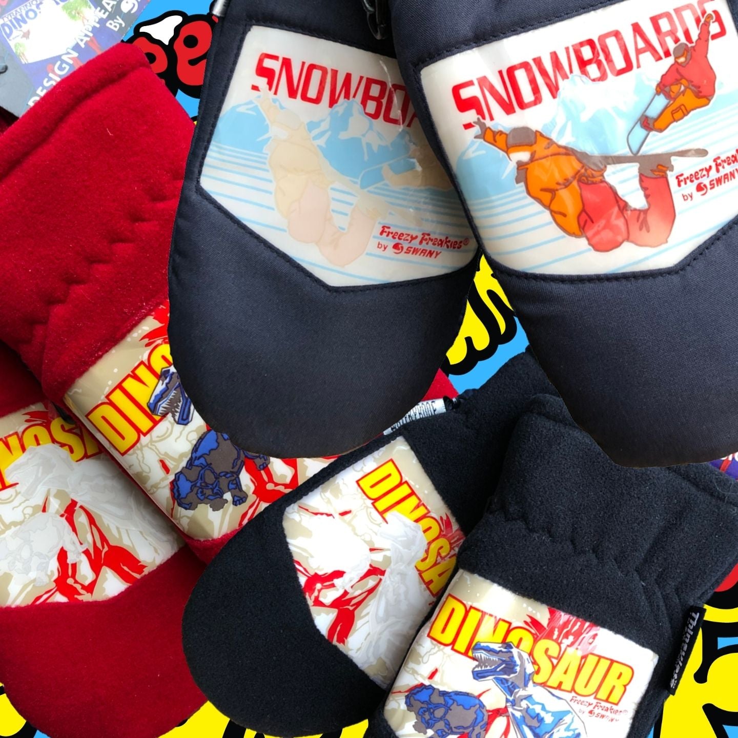 Old school Freezy Freakies in Snowboards and Dinosaur mitten designs