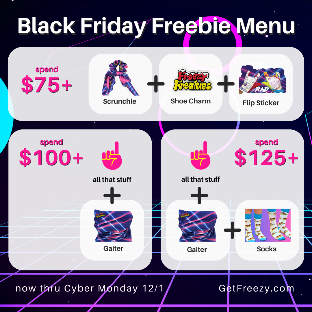 Black Friday Freebie Menu with product options and spend thresholds on a futuristic background.