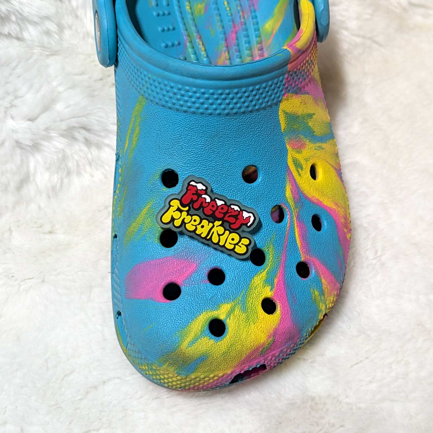 Freezy Freakies shoe charm on clog in daylight