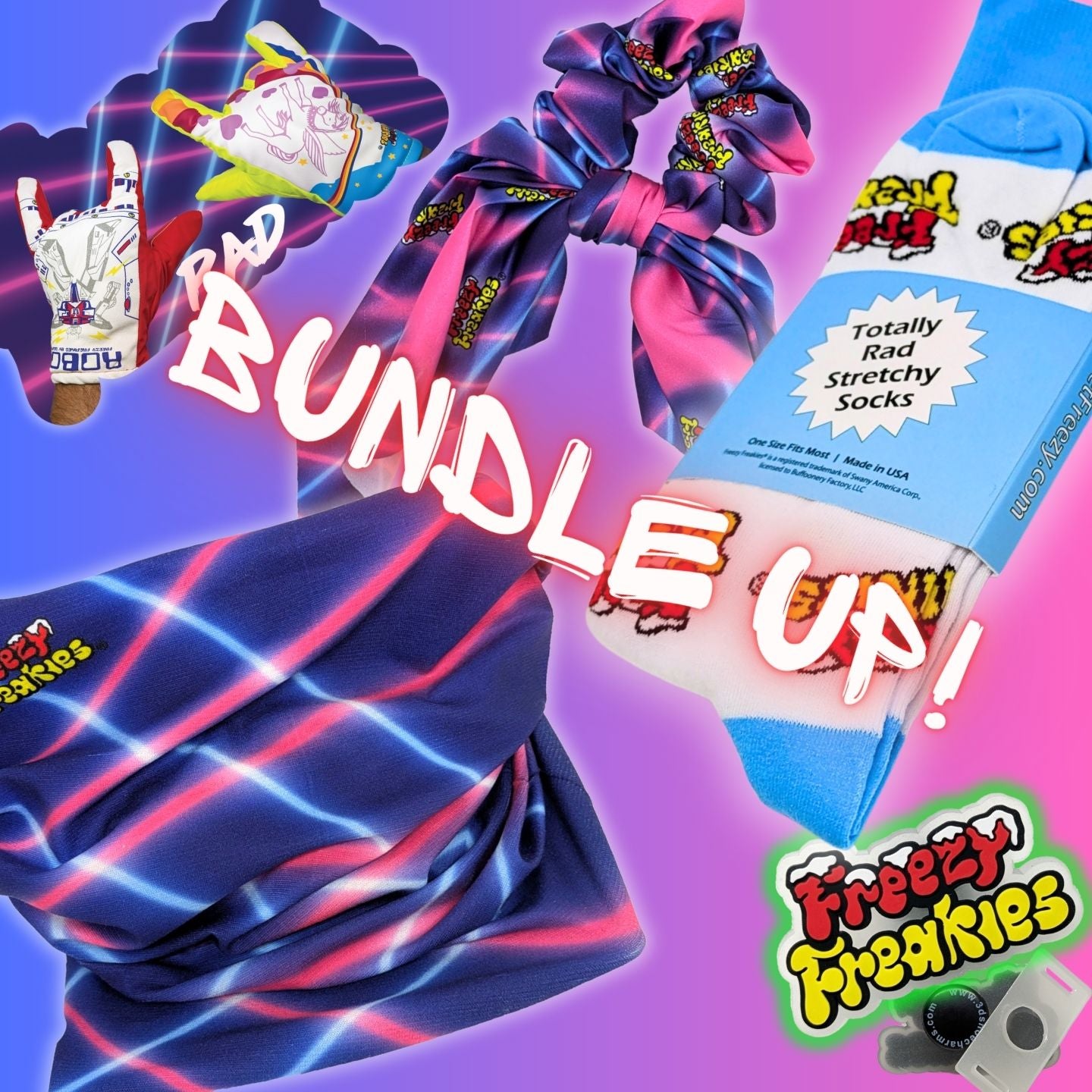 Bundle Up! Freezy Freakies fan bundle with socks, scrunchie, gaiter, shoe charm and sticker with 