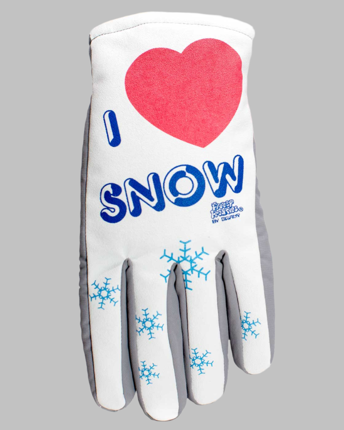 I Love Snow Freezy Freakies gloves with red heart and blue snowflakes