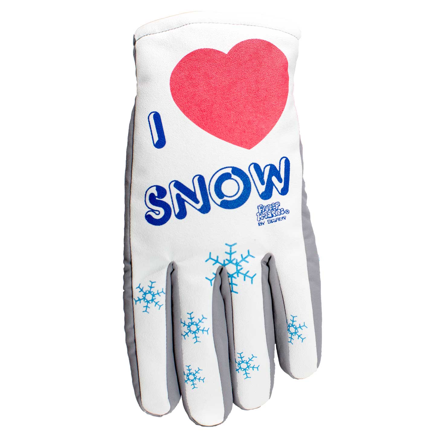 I Love Snow Freezy Freakies gloves with red heart and blue snowflakes