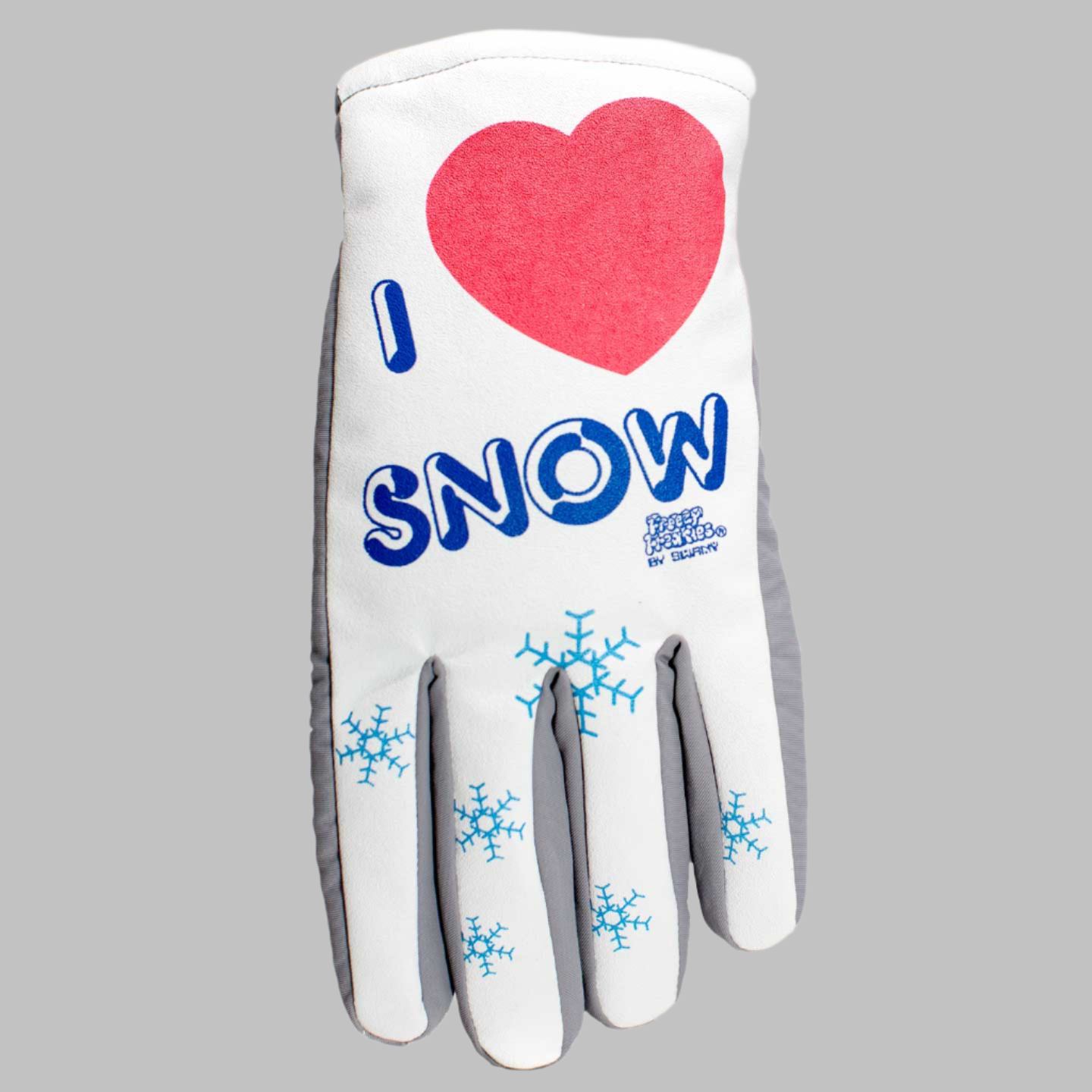 I Love Snow Freezy Freakies gloves with red heart and blue snowflakes