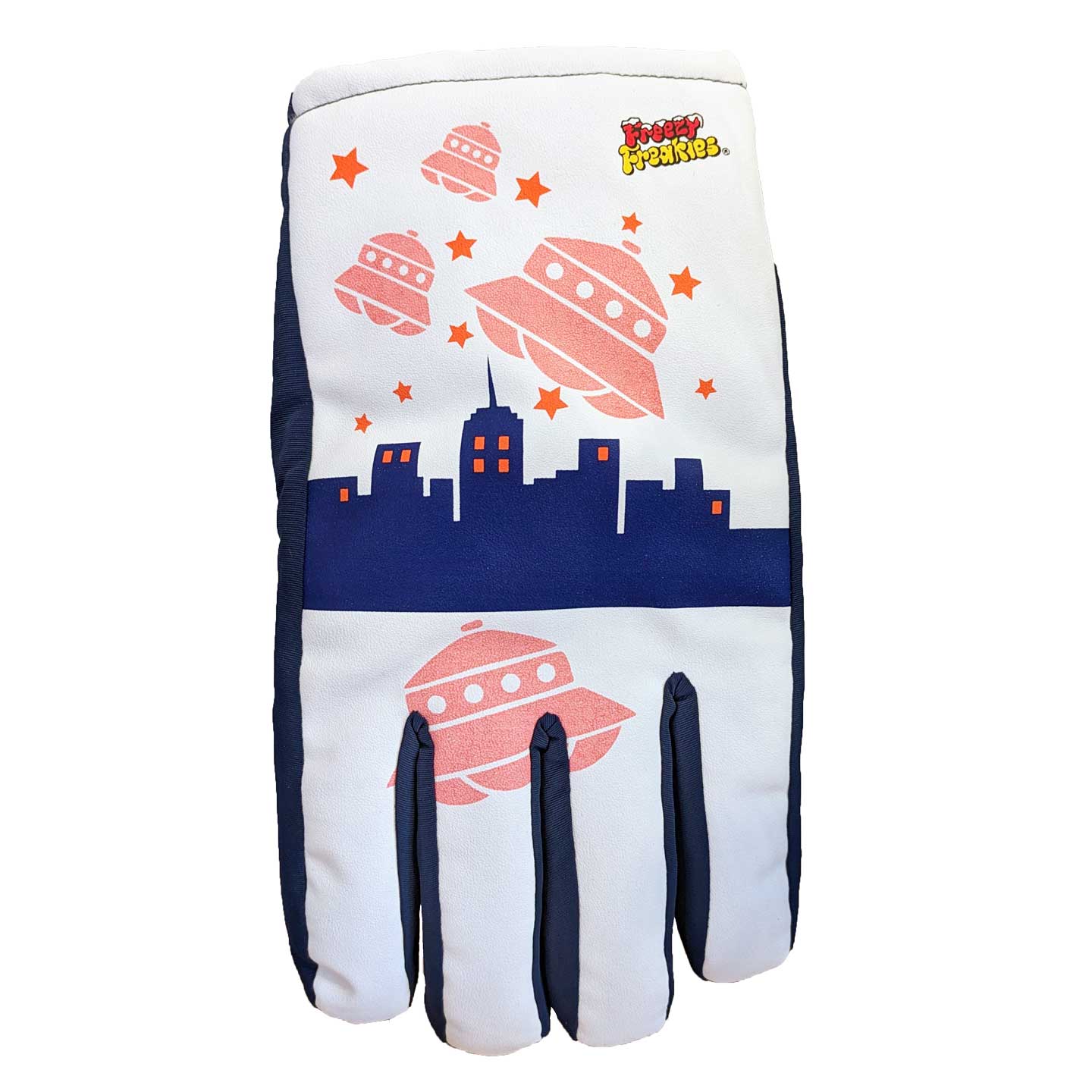 UFO Freezy Freakies winter gloves with cityscape and saucers