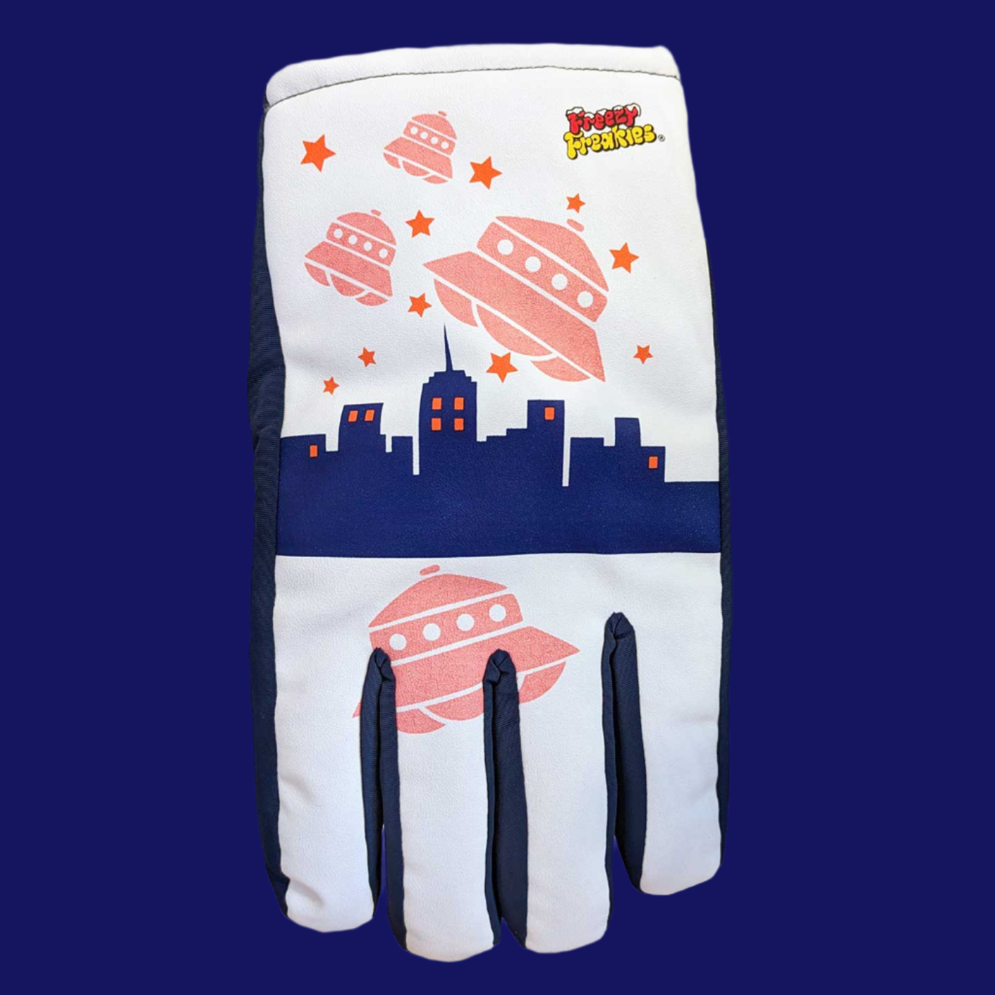 UFO Freezy Freakies winter gloves with cityscape and saucers