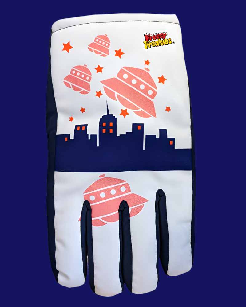 UFO Freezy Freakies winter gloves with cityscape and saucers