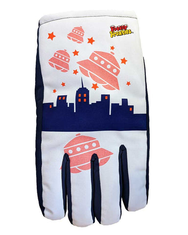 UFO Freezy Freakies winter gloves with cityscape and saucers