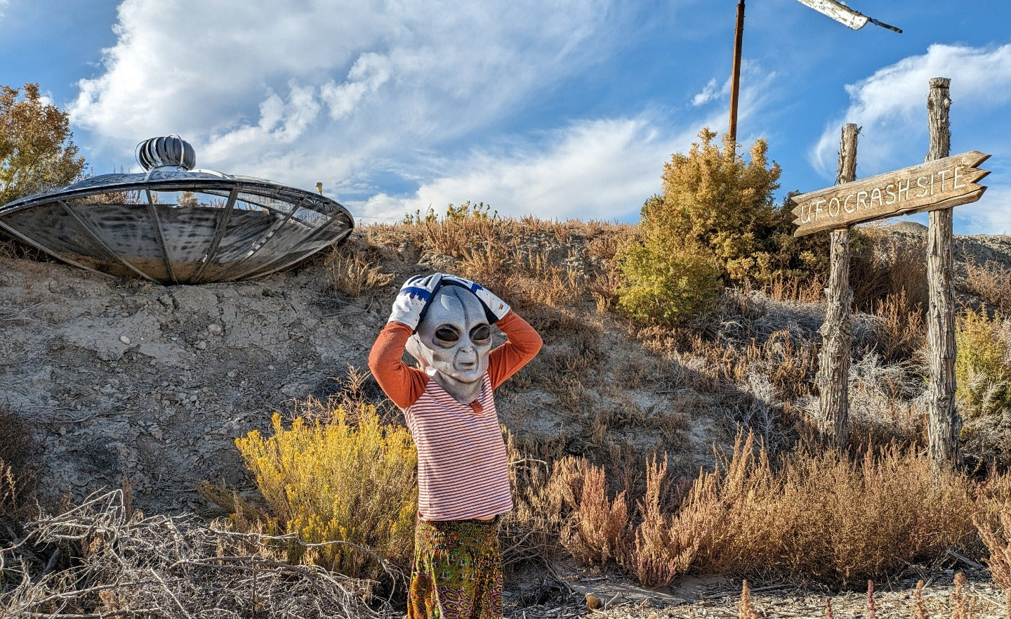 Alien wearing UFO Freezy Freakies at his crash site