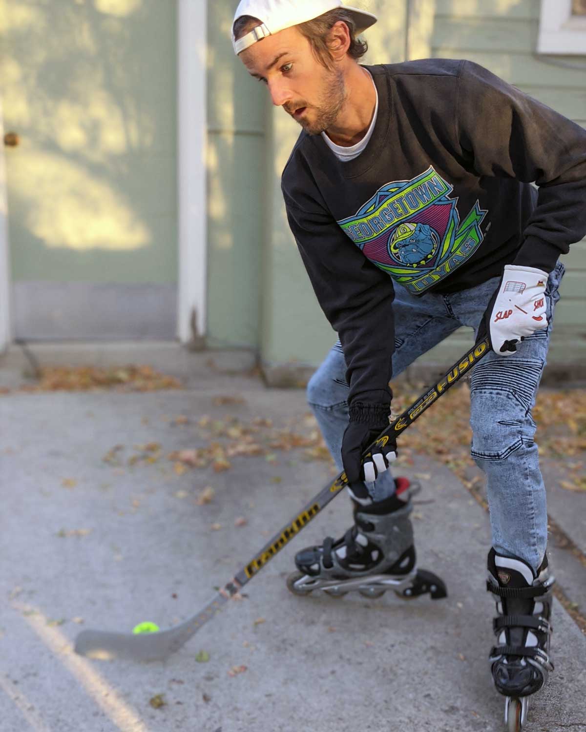 Freezy Freakies Slap Shot Hockey gloves getting their street hockey game on