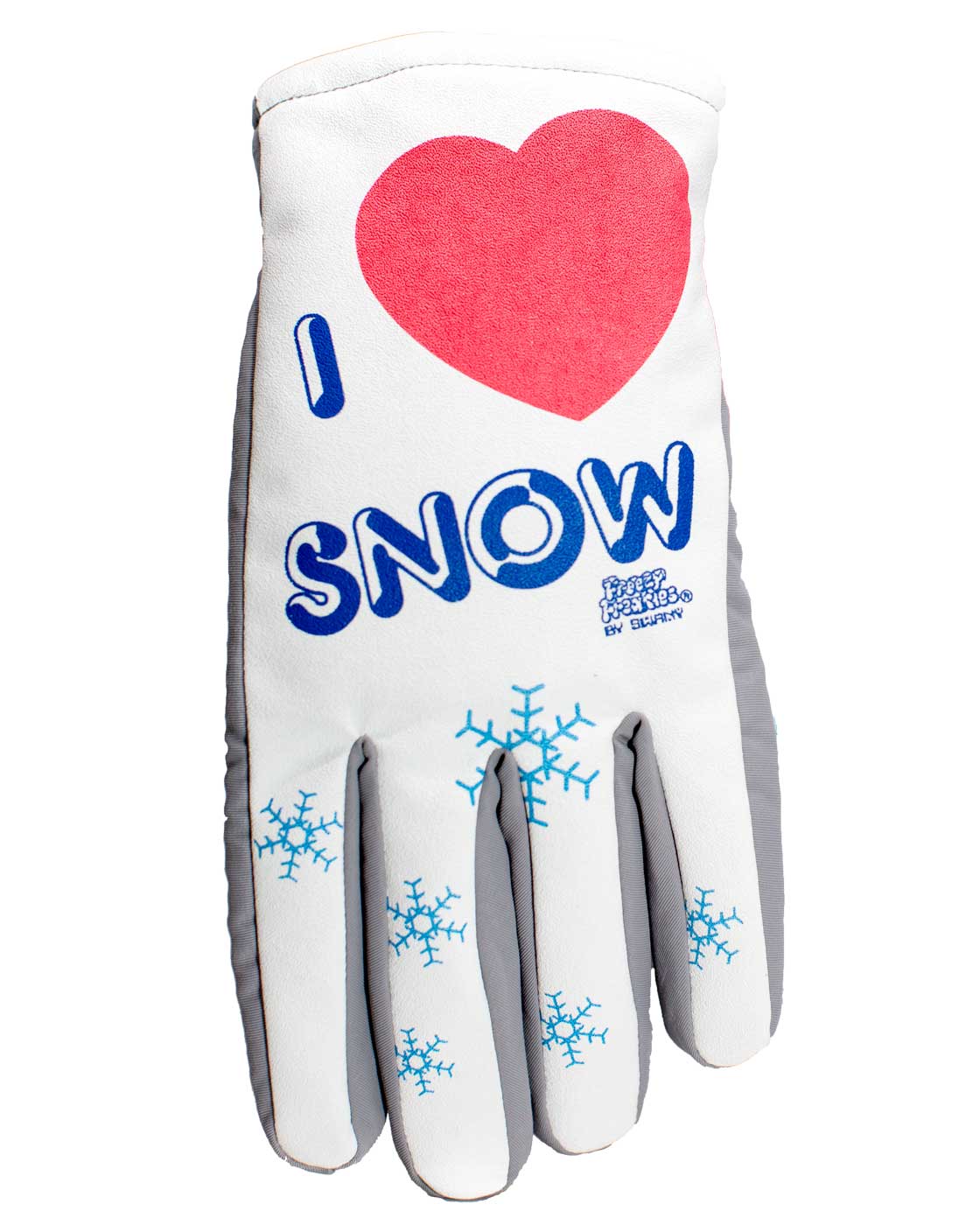 I Love Snow Freezy Freakies gloves with red heart and blue snowflakes
