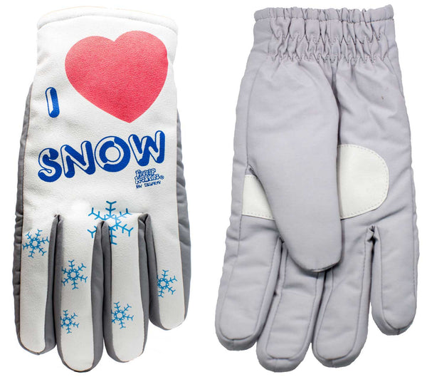 I Love Snow Freezy Freakies gloves in gray fabric showing front and back 