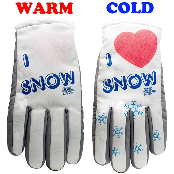 I Love Snow Freezy Freakies gloves in warm and cold mode